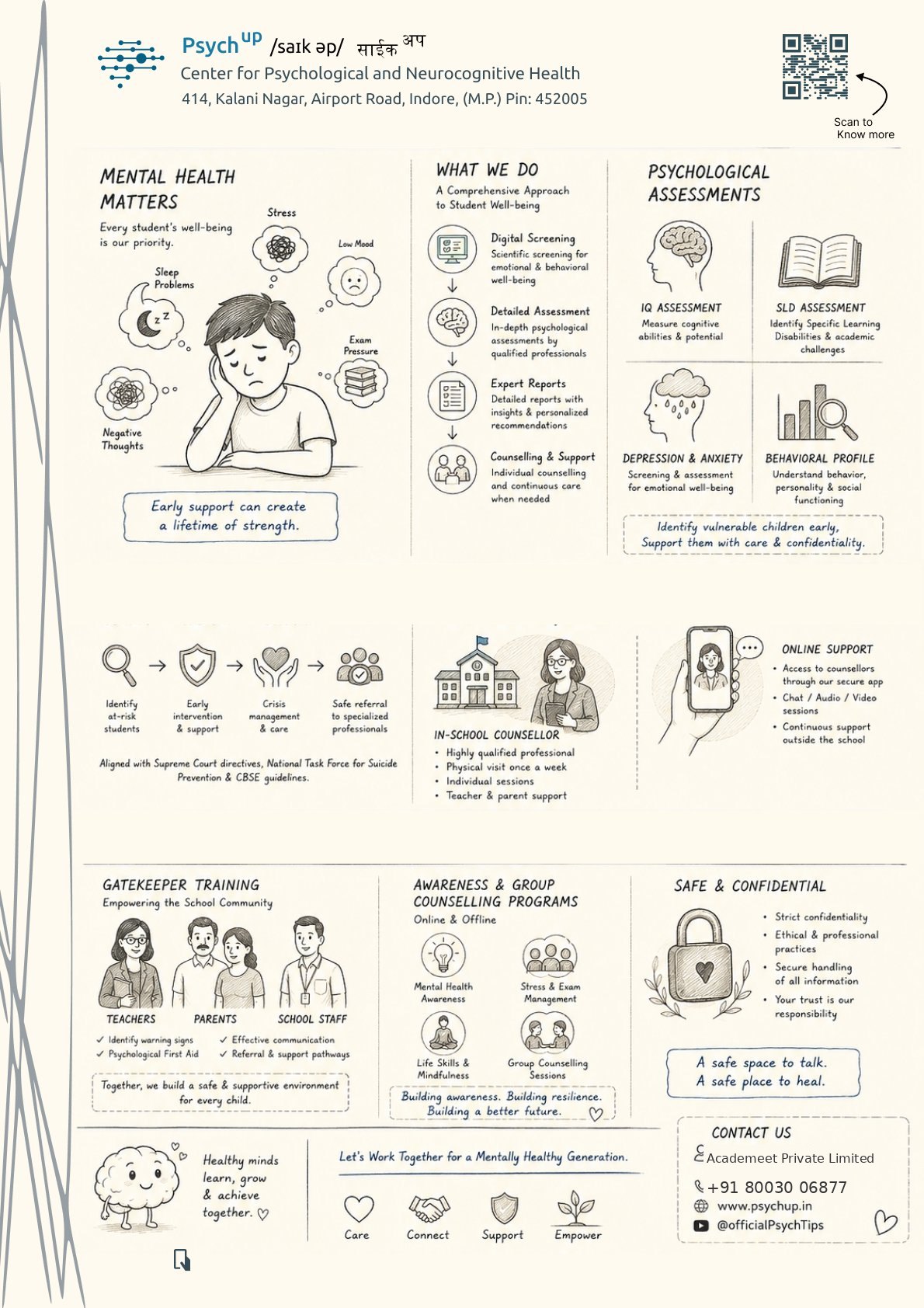 Psych Up brochure front: Mental Health Matters, What We Do, Psychological Assessments, In-School Counsellor, Online Support, Gatekeeper Training